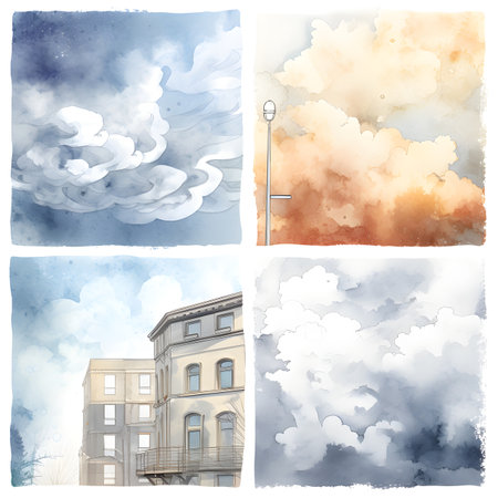 Set of watercolor illustrations of clouds in the sky. Hand-drawn illustration.の素材