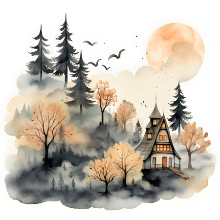 Halloween background with haunted house in the forest. Vector illustration.の素材