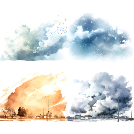Set of three watercolor illustrations of the clouds in the sky.の素材