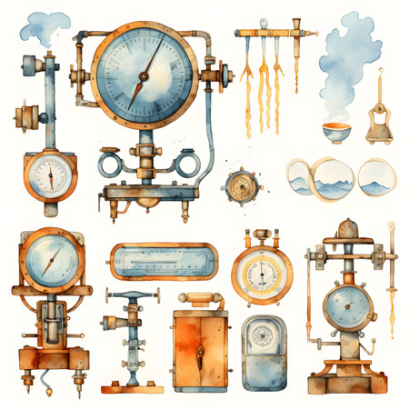 Watercolor hand drawn set of vintage gas and oil equipment. Vector illustration.の素材