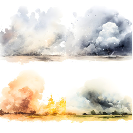 Set of three watercolor backgrounds with clouds and sun. Vector illustration.の素材