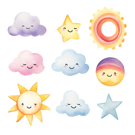 set of cute kawaii clouds and sun icons vector illustration designの素材