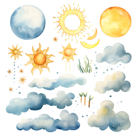 Watercolor clouds, sun, moon and stars set. Vector illustrationの素材