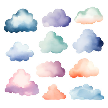 Set of colorful watercolor clouds on white background. Vector illustration.の素材