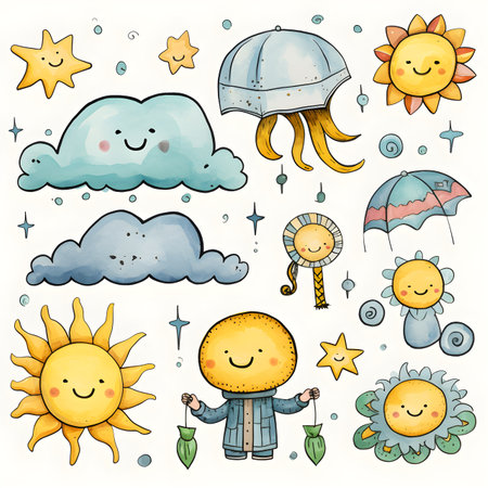 Set of cute hand drawn weather icons. Vector illustration isolated on white background.の素材
