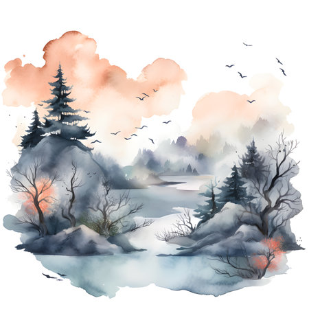 Watercolor autumn landscape with lake and forest. Hand drawn illustration.の素材