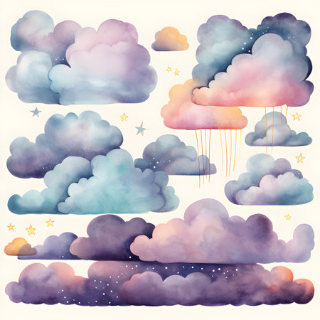 Set of clouds and stars. Watercolor hand drawn illustration. Vector.の素材