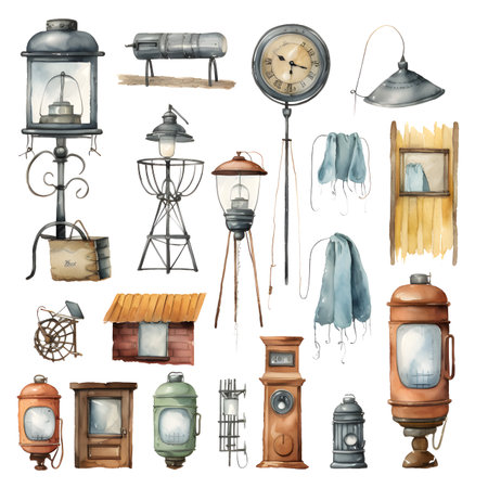 Watercolor hand drawn set of different vintage street lamps, lanterns, lanterns and other objectsの素材