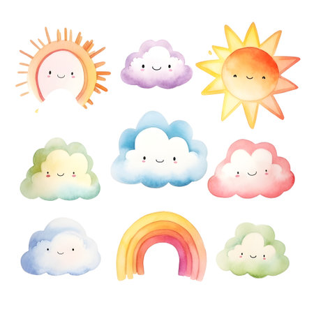Set of cute hand drawn clouds, sun and rainbow. Vector illustration.の素材