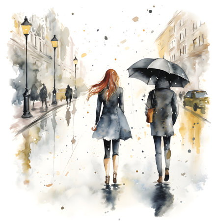 Watercolor illustration of two young women walking on the street with umbrellaの素材