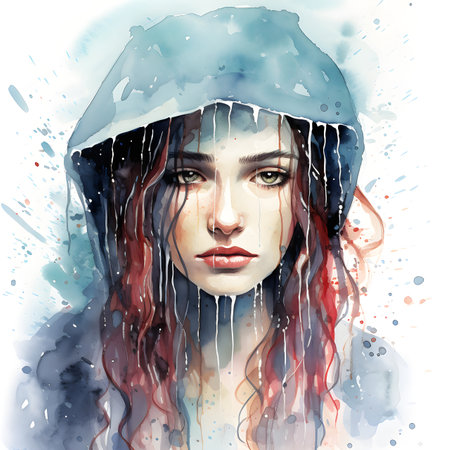 Watercolor portrait of a girl in a winter cap with a hood.の素材