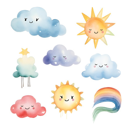 Set of cute cartoon clouds with sun and rainbow. Vector illustration.の素材