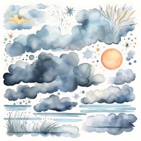 Set of hand drawn watercolor clouds and sun. Vector illustration.の素材