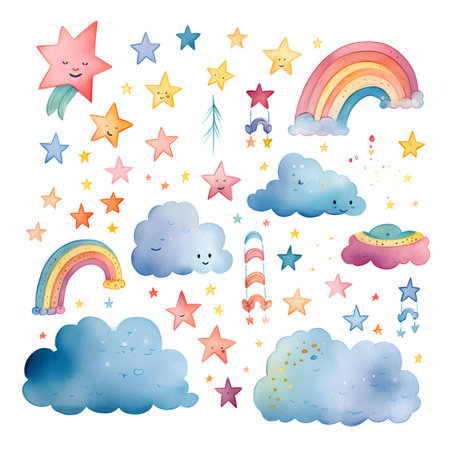 Set of cute watercolor clouds, stars and rainbow. Hand drawn vector illustration.の素材