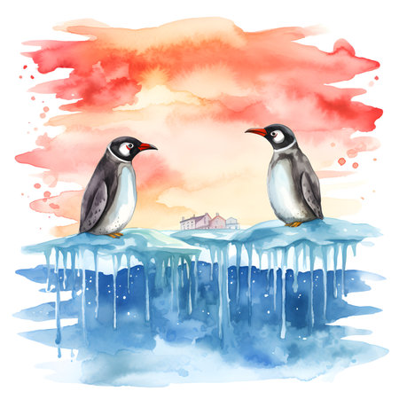 Watercolor illustration of two penguins sitting on the ice at sunsetの素材