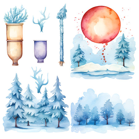 Watercolor winter landscape with snow, trees and moon. Vector illustration.の素材