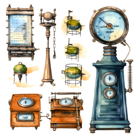 Vintage hand drawn clocks and candlesticks set. Watercolor illustrationの素材