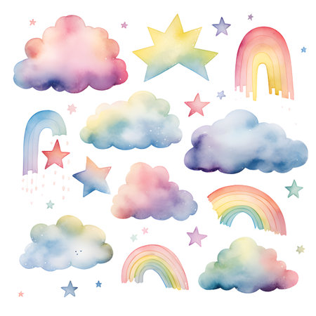 Watercolor rainbow, clouds, stars, rainbows. Vector illustration.の素材