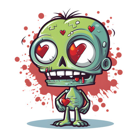 Cartoon green alien with heart in his mouth. Vector illustration.の素材
