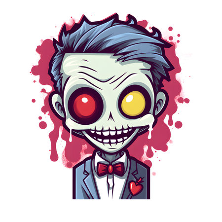 Vector illustration of a zombie with blood splatter on white background.の素材