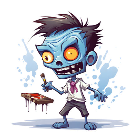 Zombie holding a paintbrush and a wooden box. Vector cartoon illustration.の素材