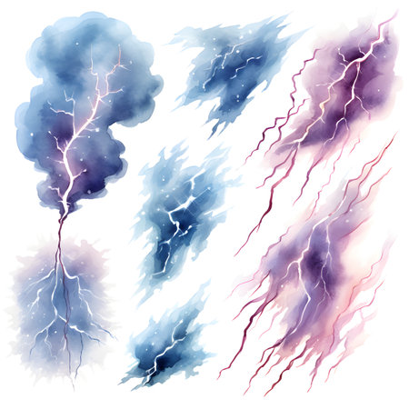 Watercolor set of lightning in the sky illustration.の素材