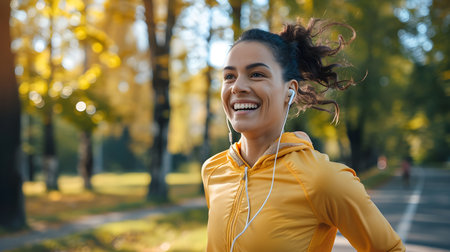 smiling sportswoman in earphones listening to music in parkの素材