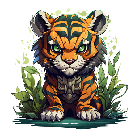 Tiger with green eyes sitting on the ground. Vector illustration.の素材