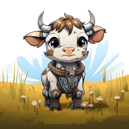 Cute cow in the field illustration of a farm animal.の素材