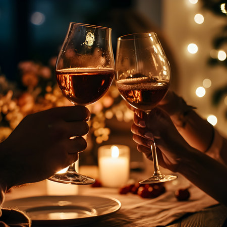 Couple clinking glasses with rose wine at romantic dinner party.の素材