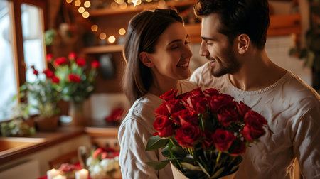 Happy young couple in love with bouquet of red roses at flower shopの素材