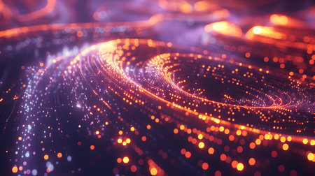 3d rendering of abstract particles form curved lines and surfaces with depth of field and bokehの素材
