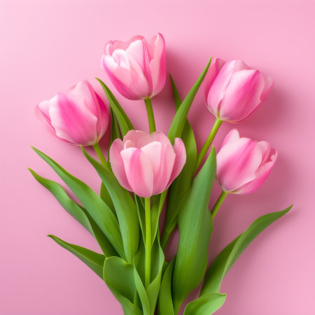 Pink tulips bouquet on pink background. Flat lay, top viewの素材
