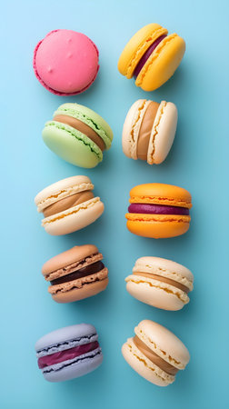 Colorful macaroons on blue background. Top view, flat layの素材