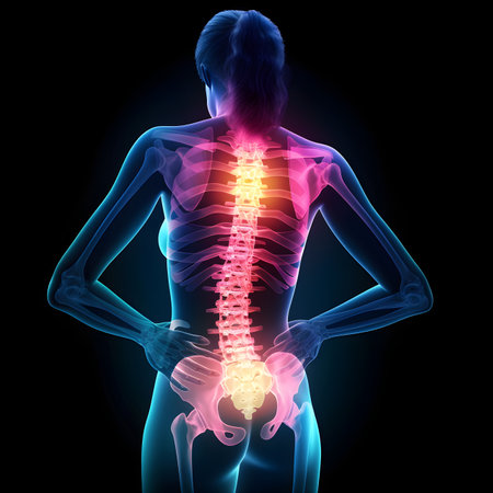 3D illustration of male feeling the back pain on black backgroundの素材