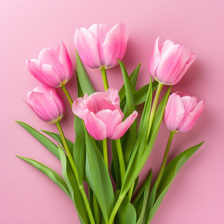 Bouquet of pink tulips on pink background top viewの素材