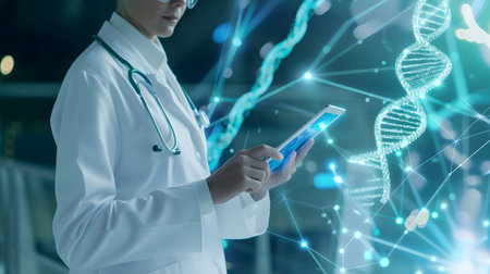 Double exposure of woman doctor working with smart phone and DNA molecule as medical conceptの素材