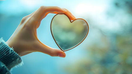 Female hands holding a heart shaped mirror on bokeh background.の素材
