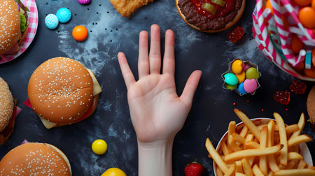 top view of child hand reaching for tasty hamburger with colorful candiesの素材