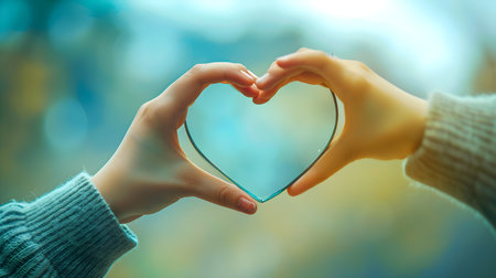 closeup of female hands holding glass heart-shaped objectの素材