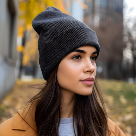 outdoor portrait of a beautiful young woman in a hat and coatの素材