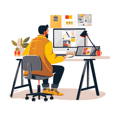 Man working at the computer illustration in a flat style.の素材