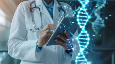female doctor using tablet computer with DNA hologram double exposureの素材