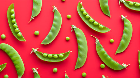 fresh green peas pattern on red backgroundの素材