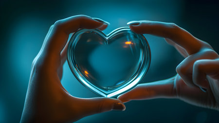 Female hand holding a glass heart-shaped object blue backgroundの素材