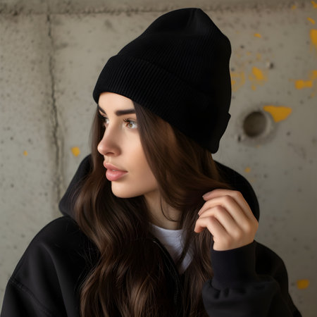 portrait of a beautiful girl in a black hat and a black hoodieの素材