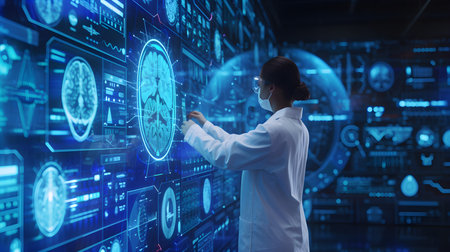 Young female doctor in white coat and eyeglasses working with virtual screenの素材