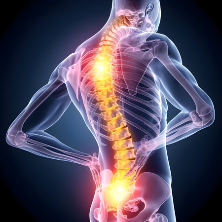 3D Illustration of male feeling the pain in the spinalの素材