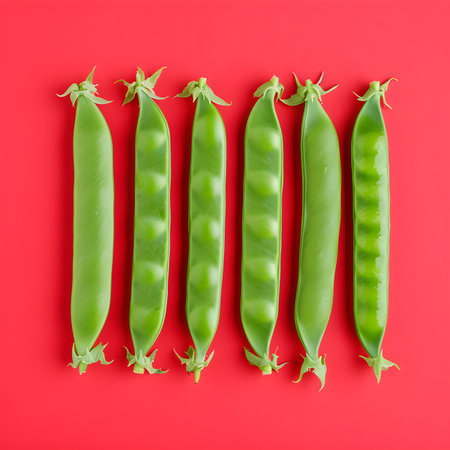 Fresh green pea pods isolated on red background. Top view.の素材