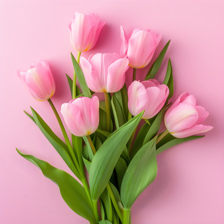 pink tulips bouquet on pink background. Flat lay top viewの素材